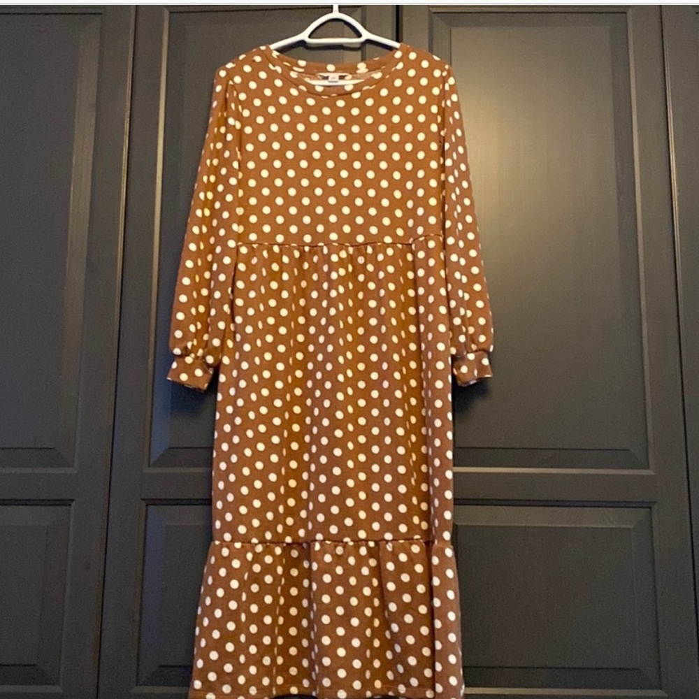 Jillian Harris X Collab JF Shay Dress-SzS-NWOT-Tan-White-Polkadot-lagenlook☀️ - Picture 6 of 7